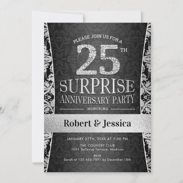 Invitation Fête de 25e anniversaire surprise - Argent (Devant)