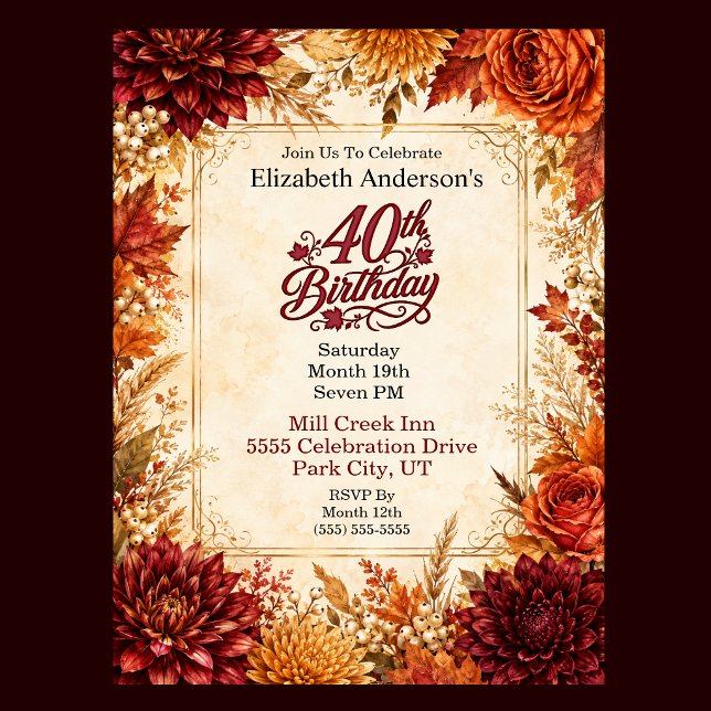 Invitation Fête de 40 ans d'automne de luxe (Luxury Autumn 40th Birthday Invitation For Women. )