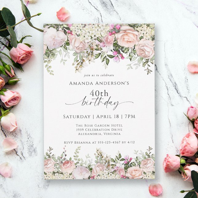 Invitation Fête de 40e anniversaire des Roses roses rose fémi (Available in both printed and instant download digital formats.)