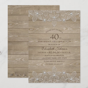 Invitation Fête de 40e anniversaire Rustic Wood Dentelle uniq