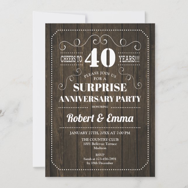 Invitation Fête de 40e anniversaire surprise - Bois rustique (Devant)