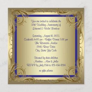 Invitation Fête de 50e anniversaire de mariage Bleu royal or