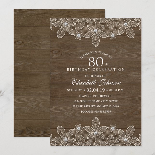 Invitation Fête de 80e anniversaire Rustic Wood Dentelle uniq (Devant / Derrière)