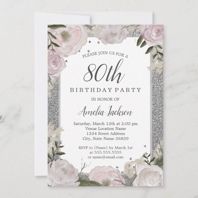 Invitation Fête de 80e anniversaire Sparkle Pink Silver (Devant)