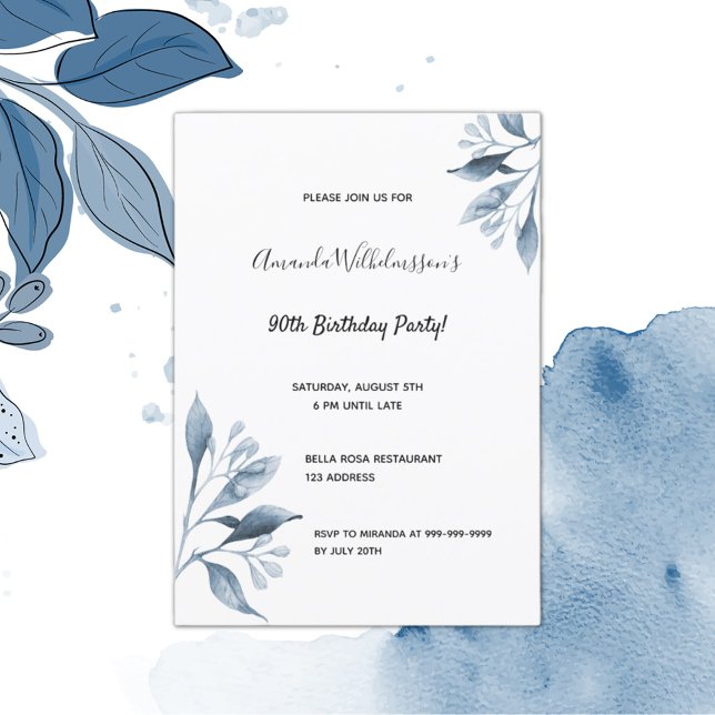 Invitation fête de 90e anniversaire marine bleu florals botan (Créateur téléchargé)