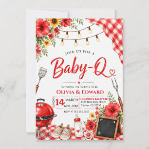 Invitation Fête de Baby-Q à carreaux rouges aquarelle pour bé
