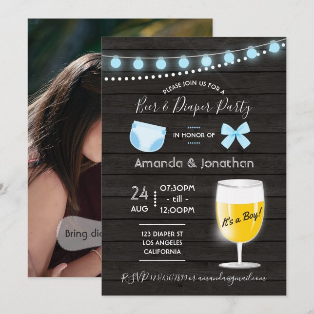 Invitation Fête de Baby Shower garçon Beer and Diaper dans un (Devant / Derrière)
