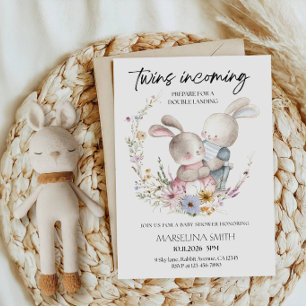 Invitation Fête de Baby Shower pour Jumeaux Lapin Arrivée