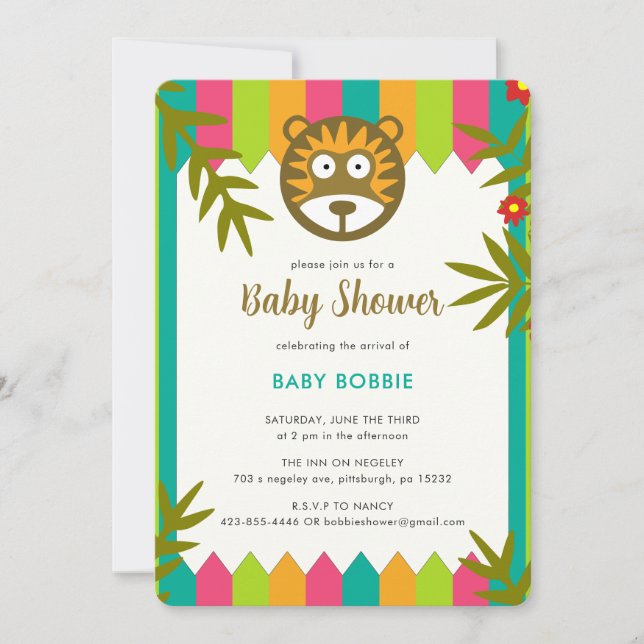 Invitation Fête de Baby shower unique à thème de la jungle (Devant)