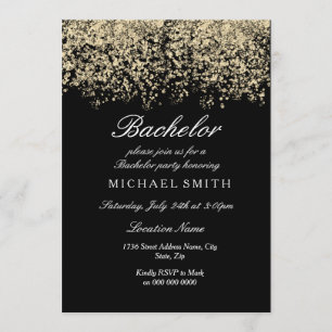 Invitation Fête de Bachelor Noir Confettis Paillettes Dorées