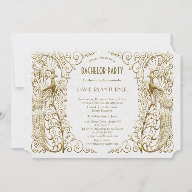 Invitation Fête de Bachelor Paons Art Déco Blanc Doré Glamour (Devant)