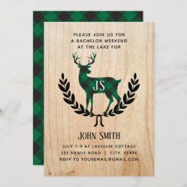 Invitation Fête de Bachelor Plaid Buffalo Vert Cerf Monogramm