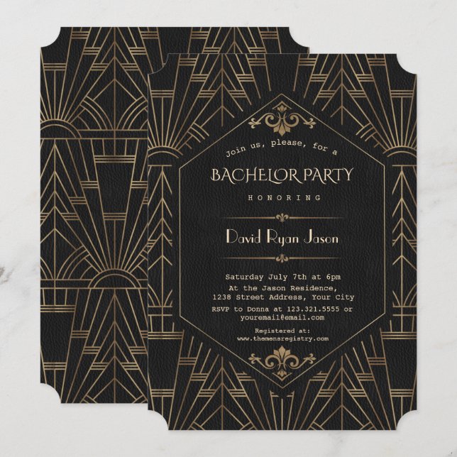 Invitation Fête de Bachelor Royal Or Noir Gatsby 1920 (Devant / Derrière)