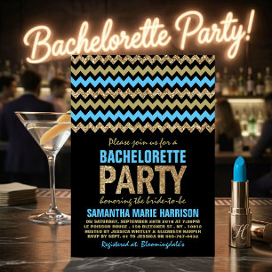 Invitation Fête de Bachelorette à paillettes Bleu & Or Chevro