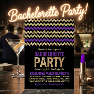 Invitation Fête de Bachelorette Chevrons Pailletés Violet et