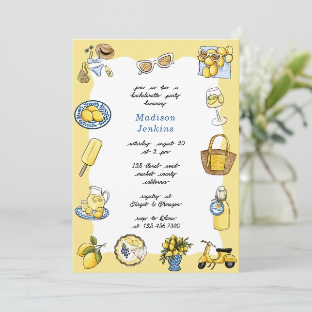 Invitation Fête de bachelorette d'été italienne Lemon Coastal (Debout devant)