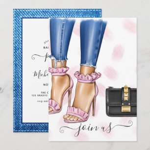 Invitation Fête de Bachelorette Fleurie Rose et Denim