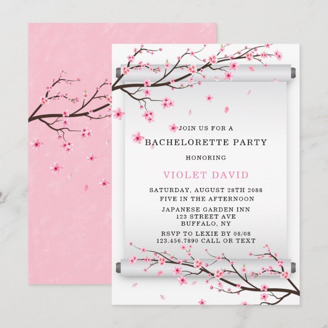 Invitation Fête de Bachelorette Japonaise Saut Cerisier Fleur (Devant / Derrière)