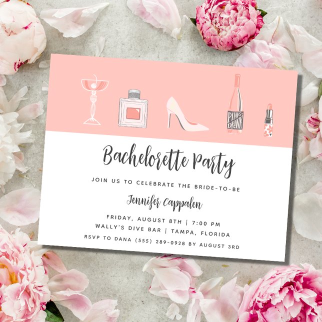 Invitation Fête de Bachelorette Rose (Girly Pink Bachelorette Party Invitation)