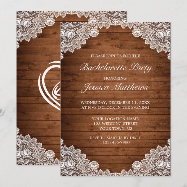 Invitation Fête de bachelorette rustique en bois et dentelle  (Devant / Derrière)