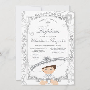 Invitation Fête de baptême mexicain Silver Boy Charro Cross