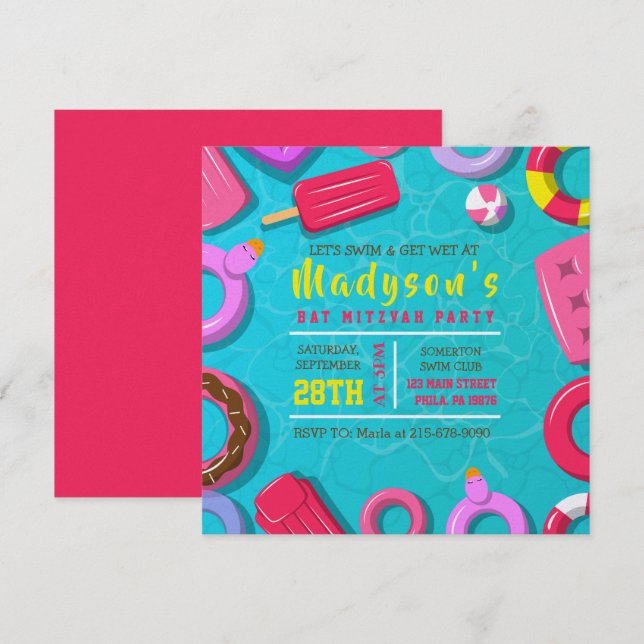 Invitation FÊTE DE BAR MITZVAH Filles Flotteurs Piscine (Devant / Derrière)