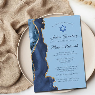 Invitation Fête de Bar Mitzvah Moderne en Bleu et Agate Dorée