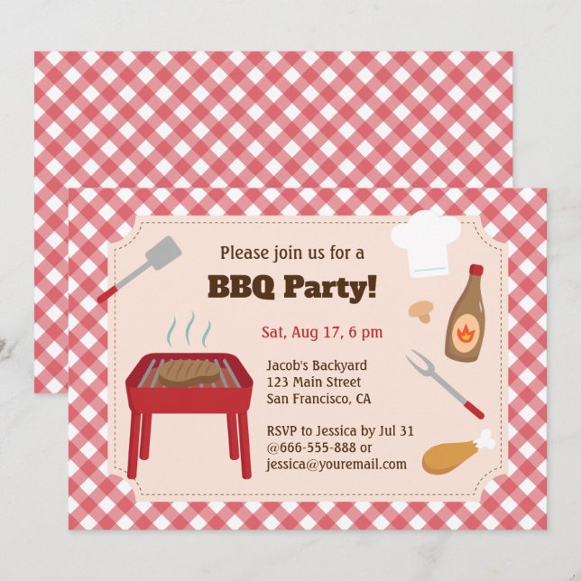 Invitation Fête de barbecue dans la cour motif carreaux rouge (Devant / Derrière)