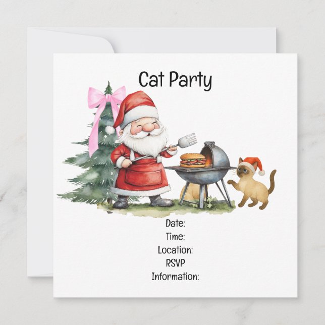 Invitation Fête de barbecue de Noël avec Père Noël et Chat (Devant)