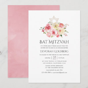 Invitation Fête de Bat Mitzvah aux fleurs roses et jaunes ave