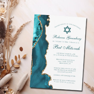 Invitation Fête de Bat Mitzvah Chic Turquoise Agate Dorée