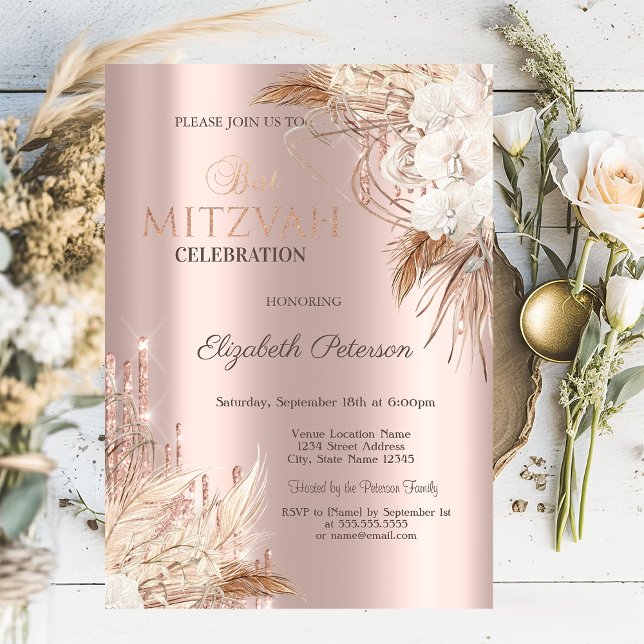 Invitation Fête de Bat Mitzvah Fleurs Boho Paillettes Rose Go (Créateur téléchargé)