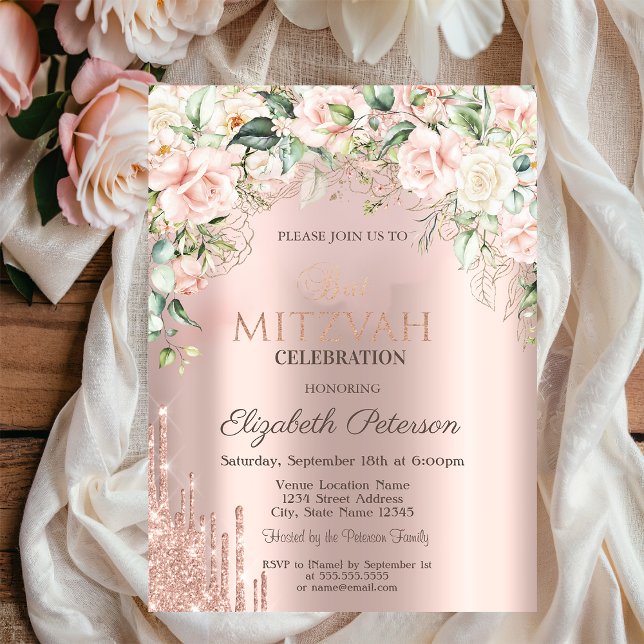 Invitation Fête de Bat Mitzvah Rose Gold avec des Roses qui B (Créateur téléchargé)