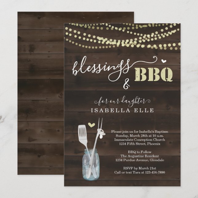 Invitation Fête de BBQ pour un baptême rustique (Devant / Derrière)