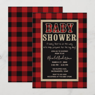 Invitation Fête de Bébé à carreaux Buffalo rouge et noir de c