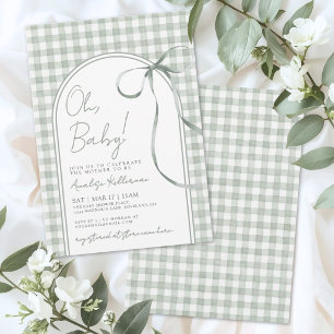 Invitation Fête de Bébé à Carreaux Vert Sauge avec Ruban