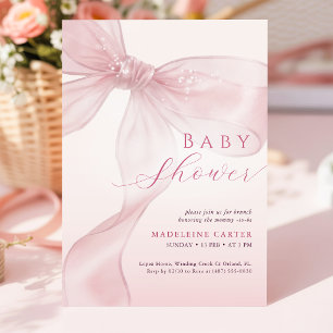 Invitation Fête de Bébé à l'aquarelle avec un nœud rose saumo