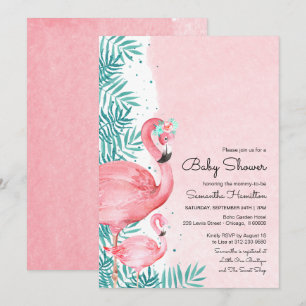 Invitation Fête de bébé à l'aquarelle flamant rose et feuille