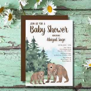 Invitation Fête de Bébé à l'aquarelle neutre des ours en forê