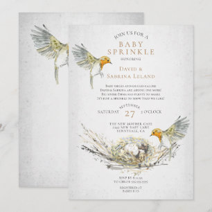 Invitation Fête de Bébé à l'aquarelle Rustique avec Oiseaux e