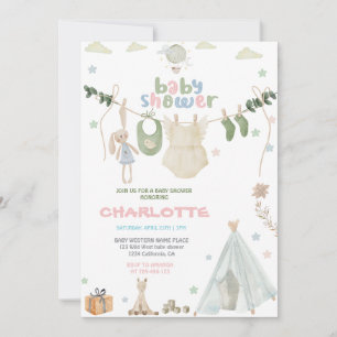 Invitation Fête de bébé à l'aquarelle verte, bleue et rose