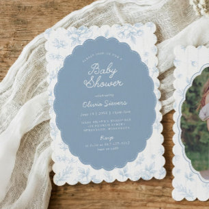 Invitation Fête de bébé à motif floral bleu toile de Jouy vin