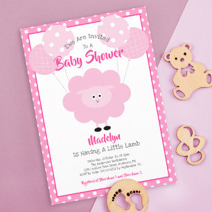 Invitation Fête de bébé agneau rose Script Ballons Mignon Mod