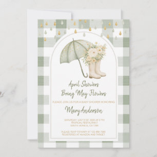 Invitation Fête de bébé Arc-en-ciel d'avril en gingham vert