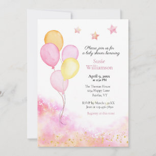 Invitation Fête de bébé au ballon rose et jaune aquarelle