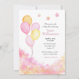 Invitation Fête de bébé au ballon rose et jaune aquarelle