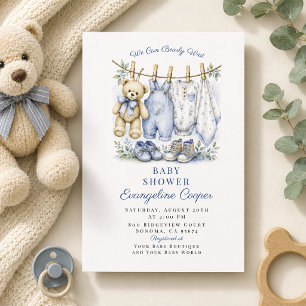 Invitation Fête de bébé au style aquarelle bleu que nous pouv