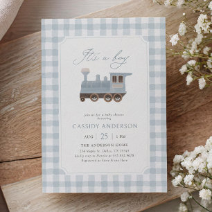 Invitation Fête de bébé au thème de train à carreaux bleus