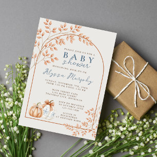 Invitation Fête de Bébé Automne Neutre Citrouilles Bleu Pouss