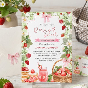 Invitation Fête de bébé aux fraises sucrées avec un nœud rose